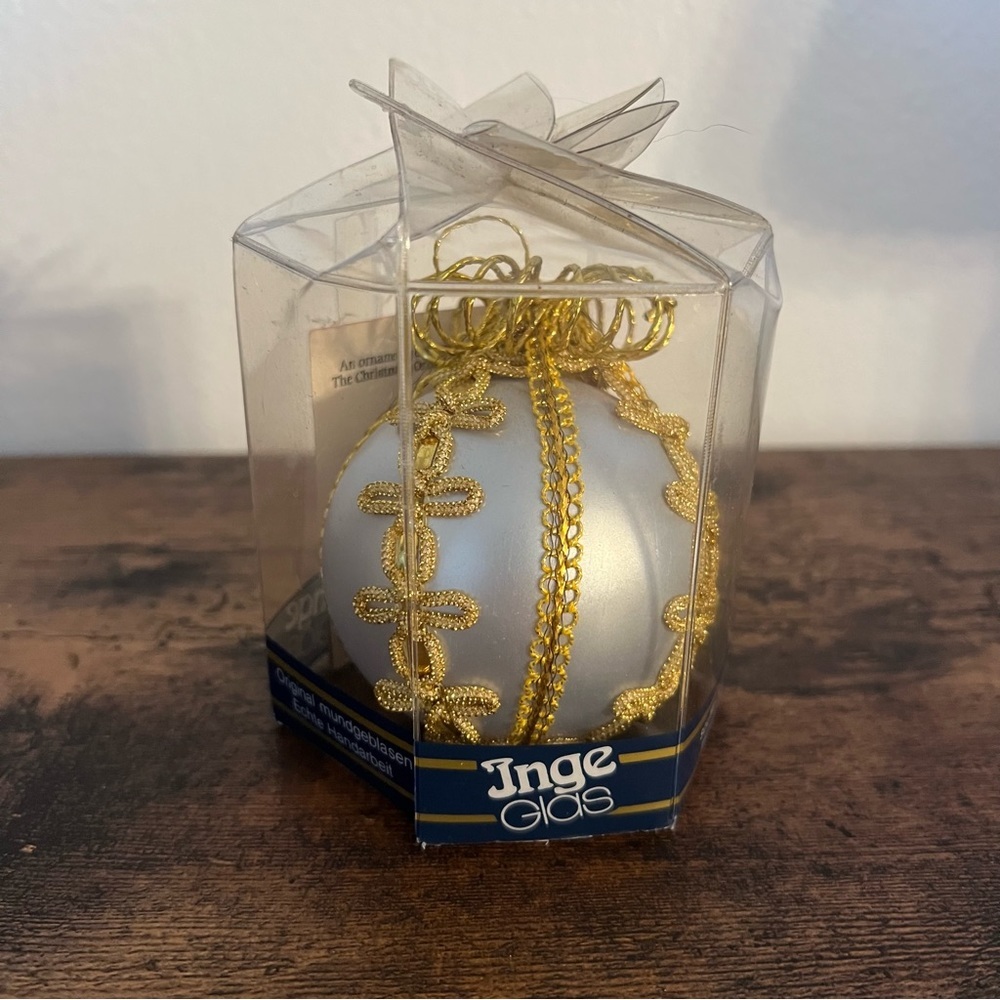 Vtg Inge Glas German Xmas Ornament Blown Glass BLUE Gold Lace 3 3/4" BOX RARE